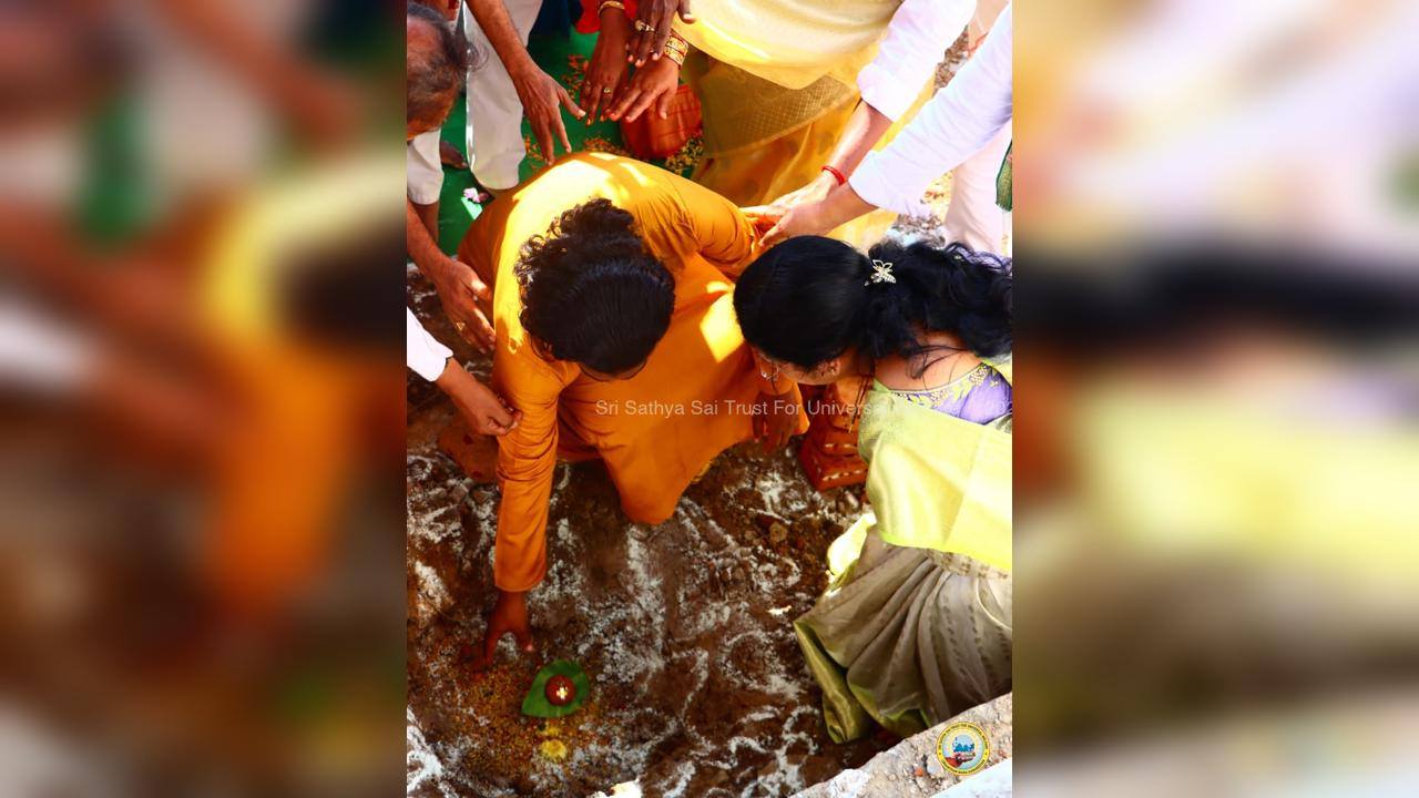 The Bhoomipooja for the upcoming Adhyanta Ganapati and Bhakta Hanuman Upalayaas, beside Prahalada Varada Sri Lakshmi Narasimha Swamy temple in Sri Sathya Sai Divyaamritam, was conducted on 24th January 2025.